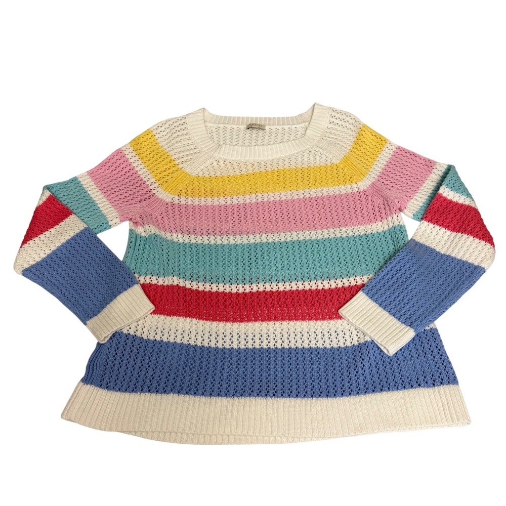 Talbots Womens L Cotton Pointelle Knit Striped Sweater Pastel Rainbow Preppy